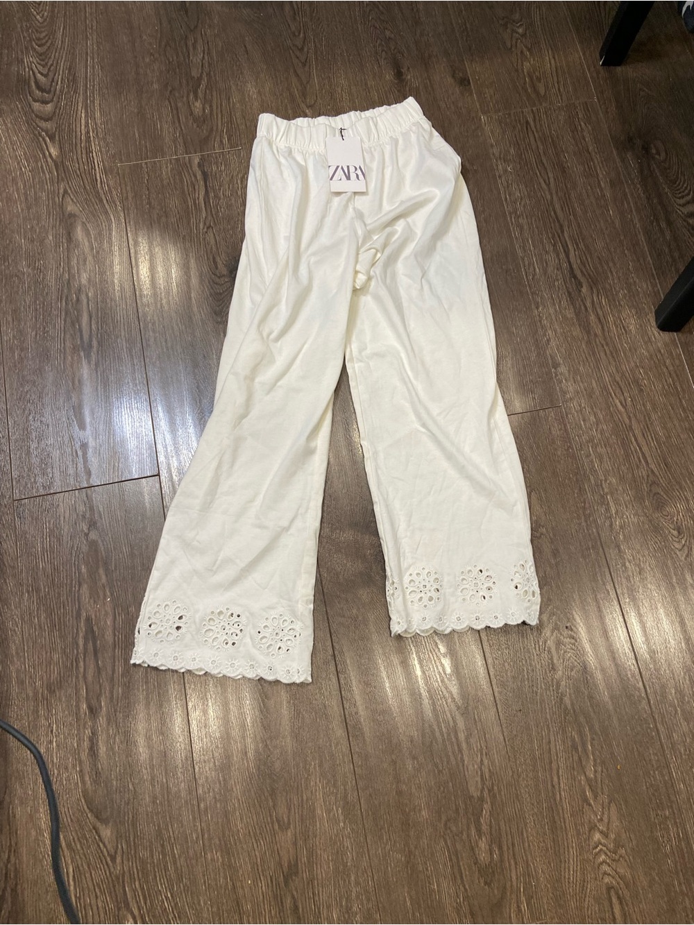Zara Kids Cream Eyelet-Hem Wide Leg Pants